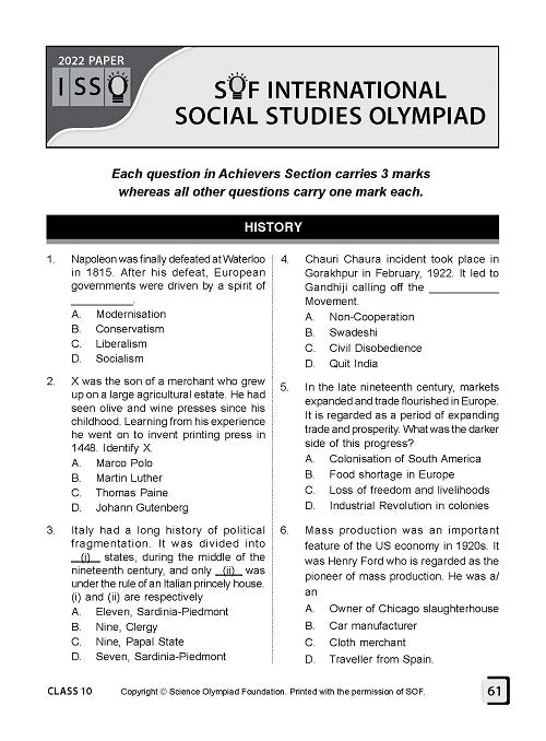 Class 10 ISSO International Social Studies Olympiad Work Book - MTG