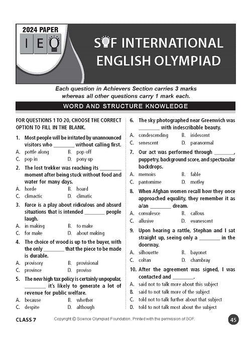 Class 7 IEO International English Olympiad Work Book - MTG